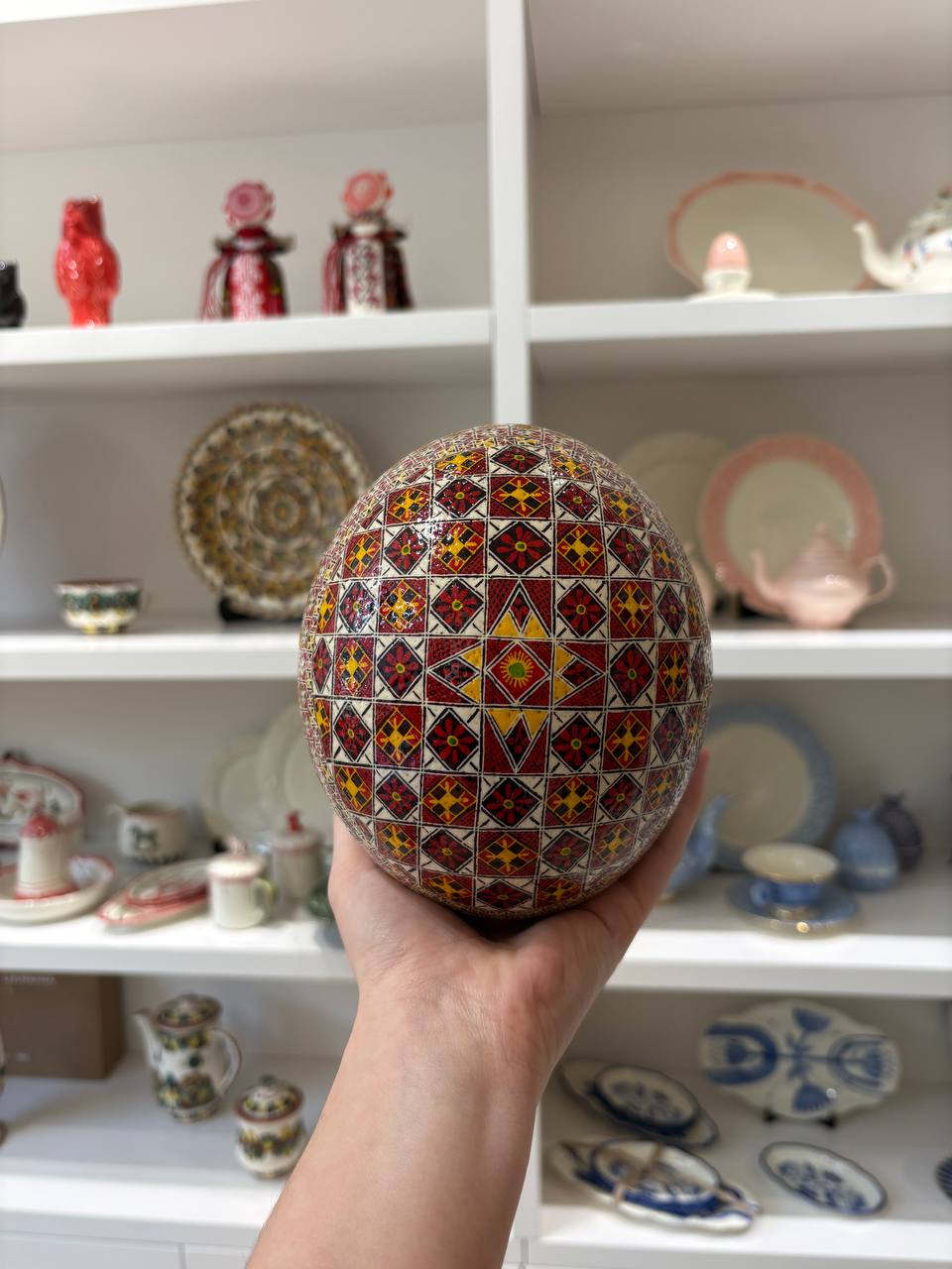 Handmade Ukrainian Ostrich Egg Pysanka - Traditional Easter Decor