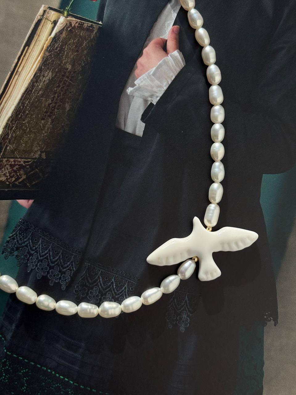 Pearl Necklace with White Bird Pendant
