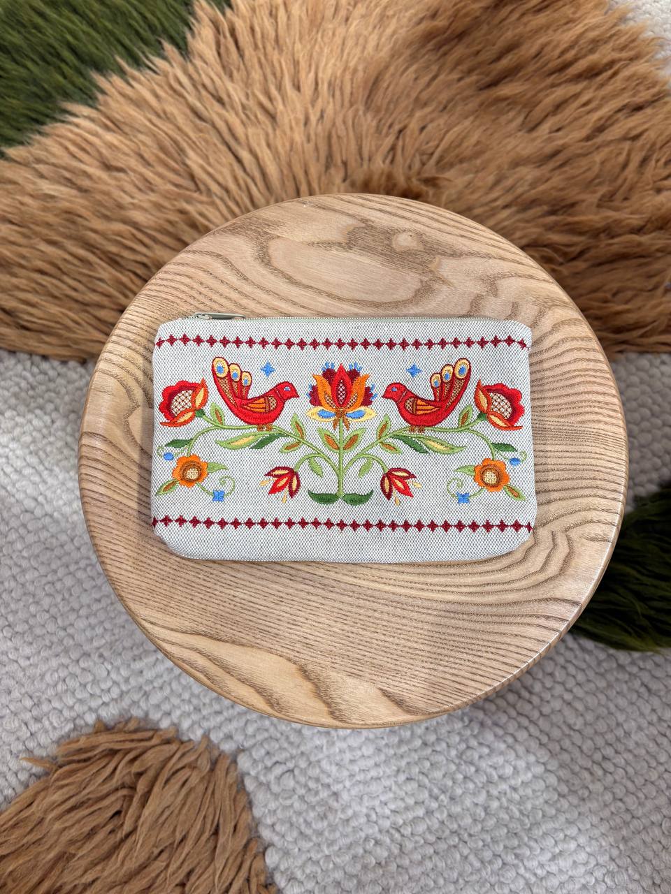 Piccola pochette per trucco con motivo ucraino ricamato, graziosa trousse cosmetica con motivo floreale e uccello