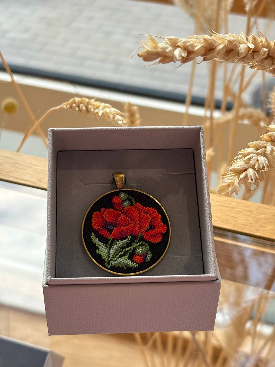 Embroidered Poppy Pendant – Ukrainian Floral Jewelry