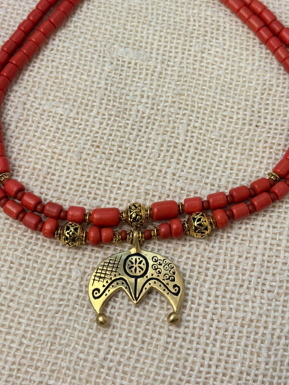 Ukrainian Folk Necklace, Red Ceramic Bead Necklace, Brass Pendant Jewelry, Ethnic Statement Necklace, Traditional Slavic Jewelry