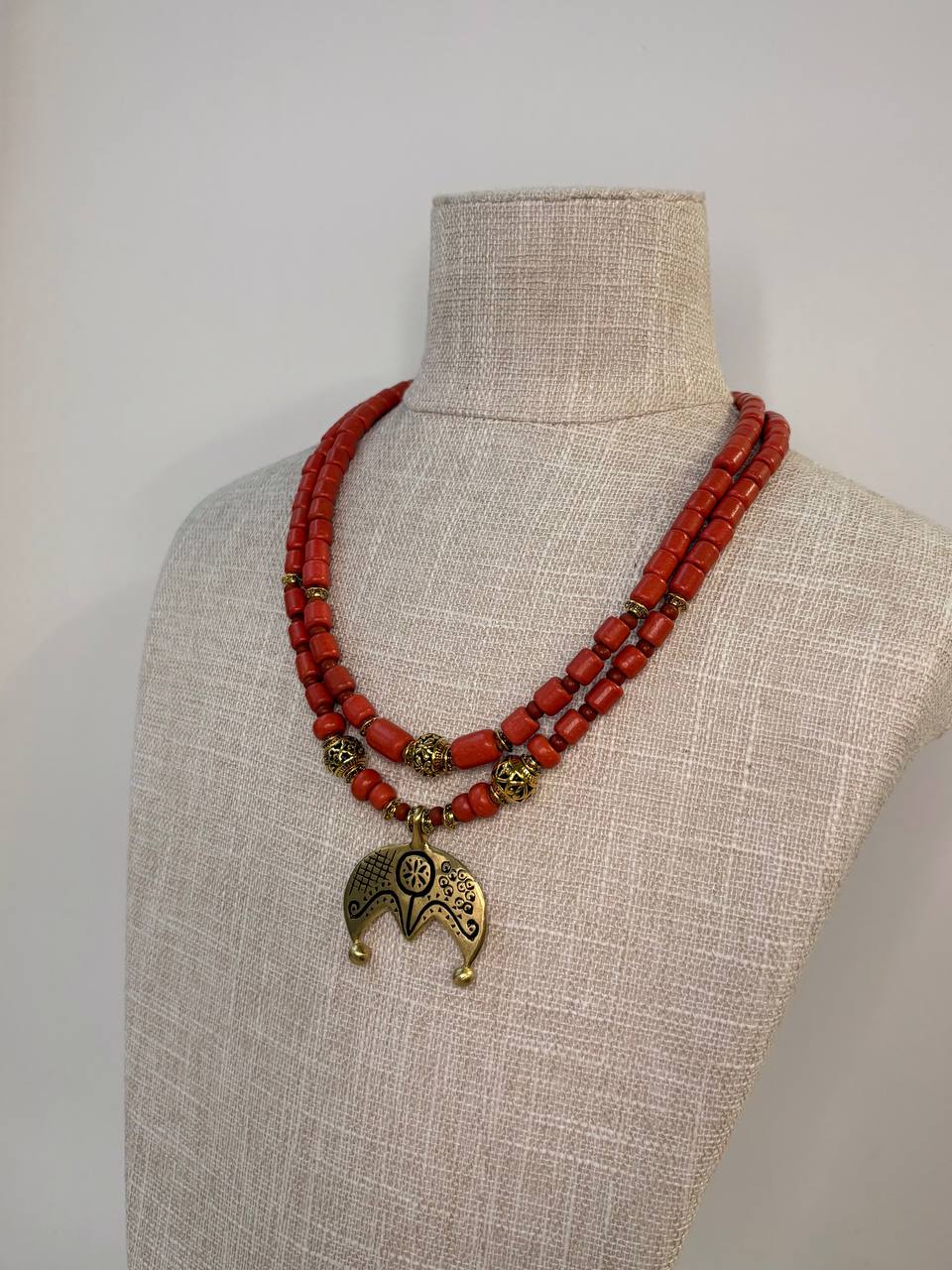 Ukrainian Folk Necklace, Red Ceramic Bead Necklace, Brass Pendant Jewelry, Ethnic Statement Necklace, Traditional Slavic Jewelry