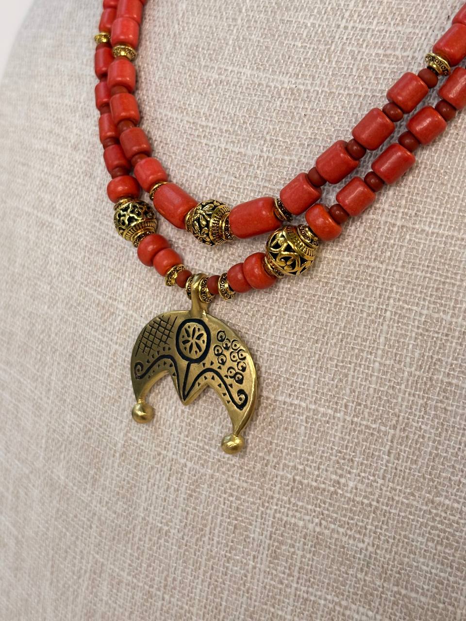 Ukrainian Folk Necklace, Red Ceramic Bead Necklace, Brass Pendant Jewelry, Ethnic Statement Necklace, Traditional Slavic Jewelry