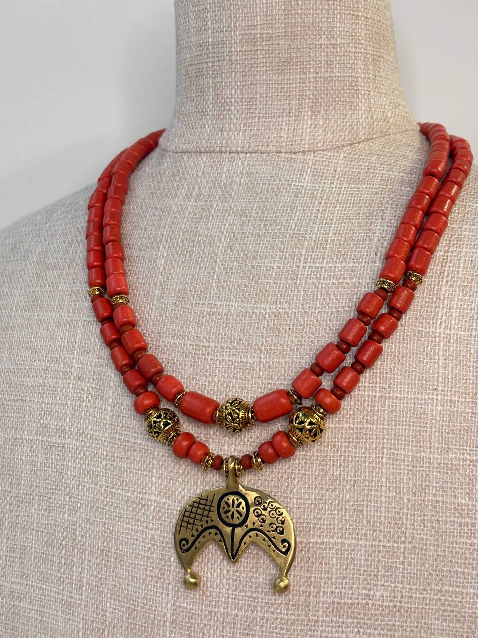 Ukrainian Folk Necklace, Red Ceramic Bead Necklace, Brass Pendant Jewelry, Ethnic Statement Necklace, Traditional Slavic Jewelry