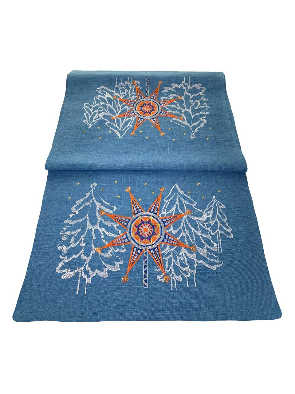 Blue Embroidered Linen Table Runner, Ukrainian Christmas Star Design (140x48cm)