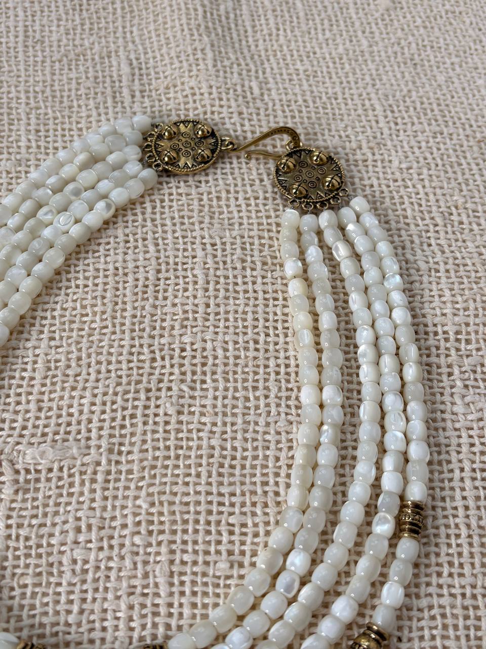 White Mother of Pearl Necklace, Ukrainian Ethnic Jewelry, Multi Strand Beaded Necklace, Antique Brass Floral Charms