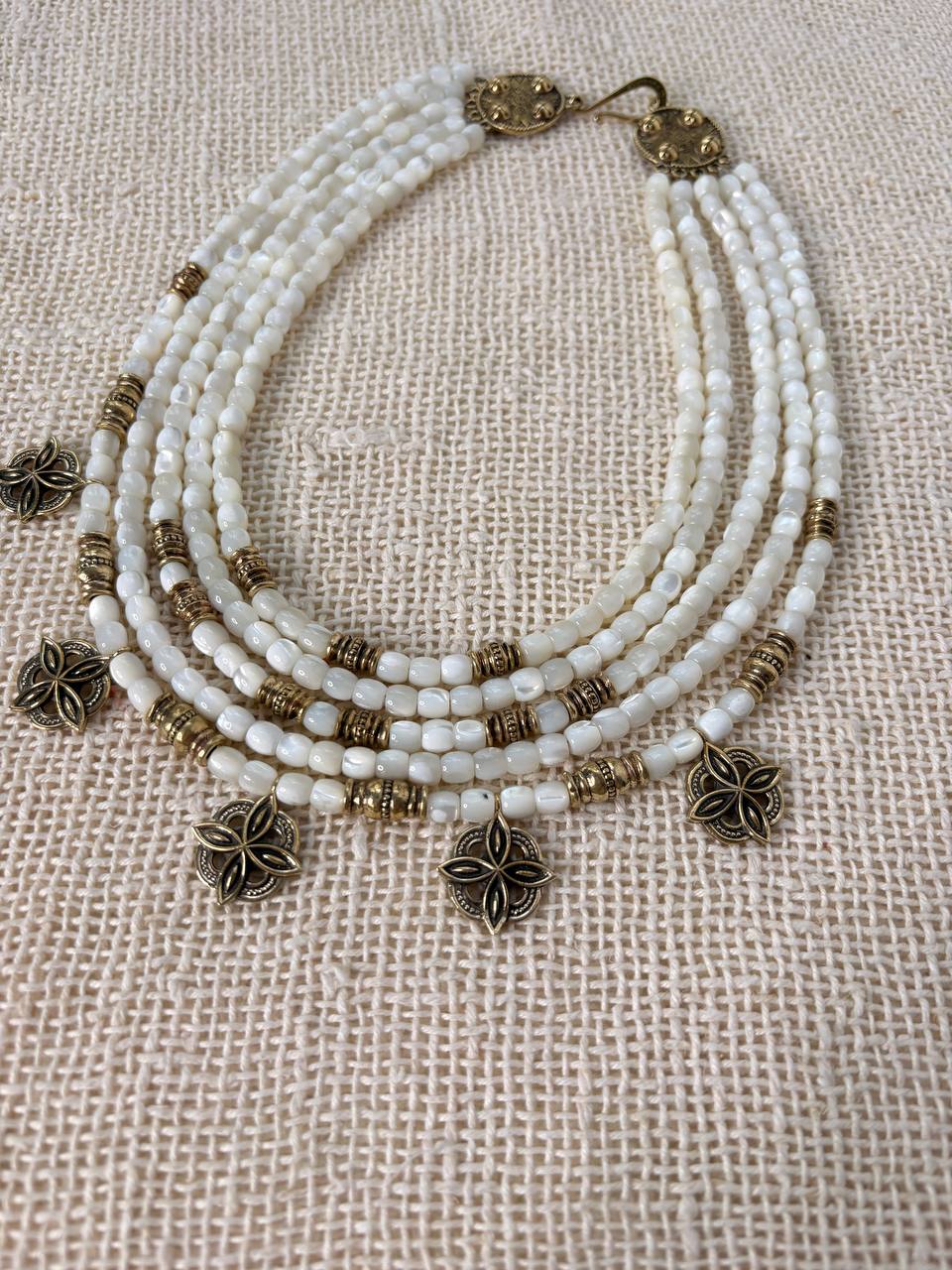 White Mother of Pearl Necklace, Ukrainian Ethnic Jewelry, Multi Strand Beaded Necklace, Antique Brass Floral Charms
