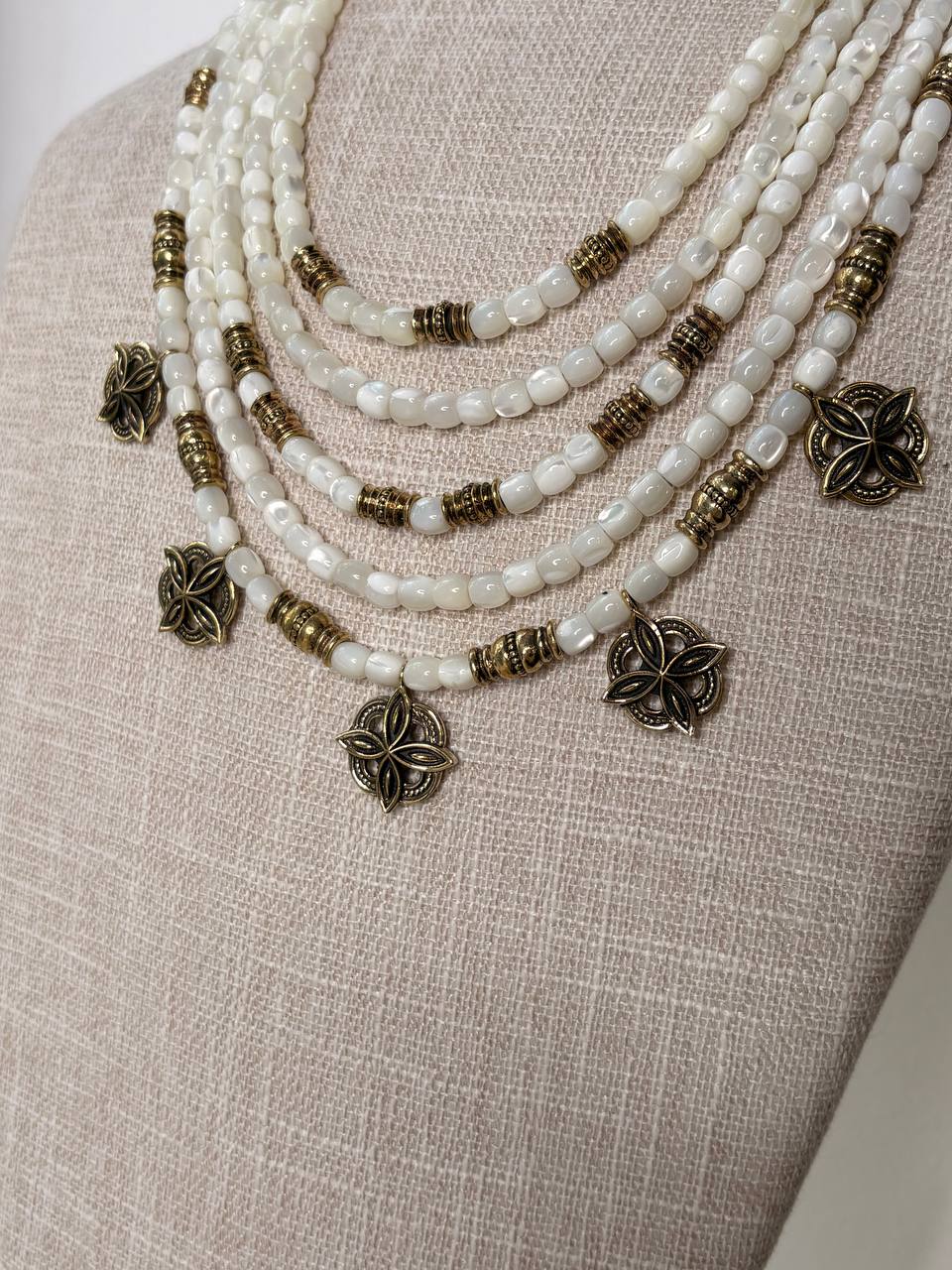 White Mother of Pearl Necklace, Ukrainian Ethnic Jewelry, Multi Strand Beaded Necklace, Antique Brass Floral Charms