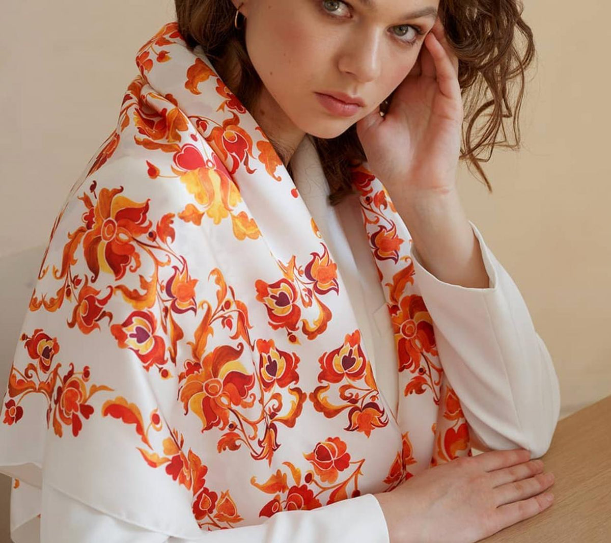 Bohemian Silk 100% shawl orange Gift for Her Hand painted Silk scarf Christmas Gift