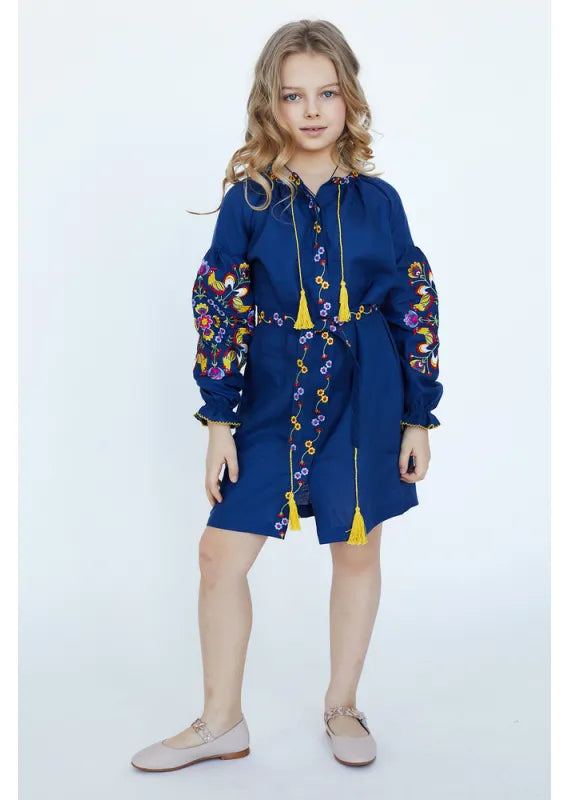 Blue Embroidered  Dress  for Girls  Vyshyvanka Linen