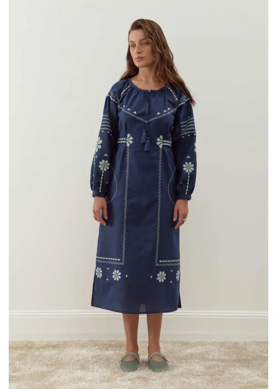 Blue Embroidered Dress Linen Ukrainian vyshyvanka Gift for Her Boho Dress Christmas Gift