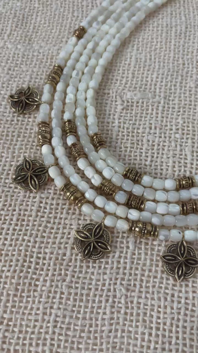 White Mother of Pearl Necklace, Ukrainian Ethnic Jewelry, Multi Strand Beaded Necklace