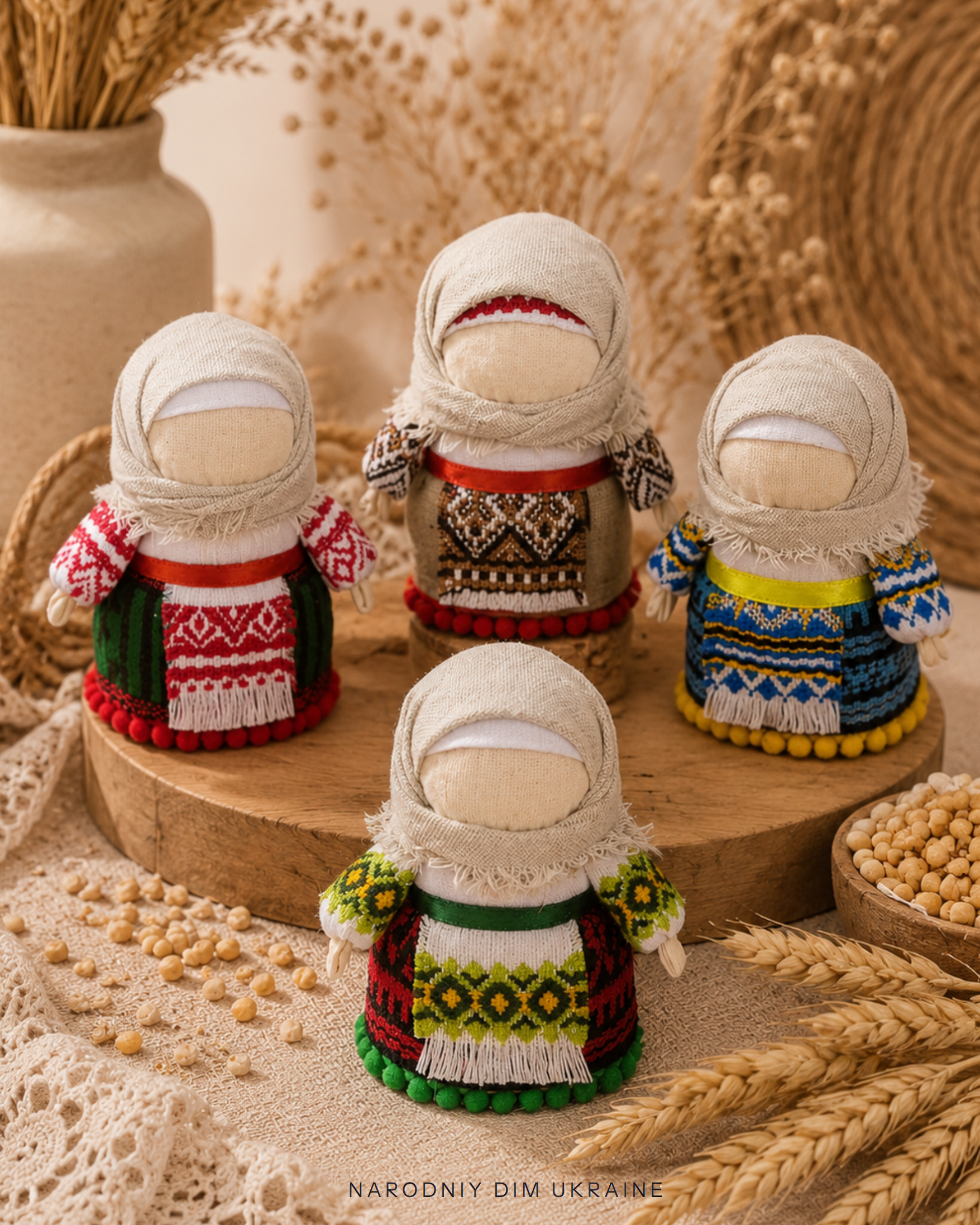 Traditional Ukrainian dolls in embroidered clothing  on a wooden stand with wheat and grains.