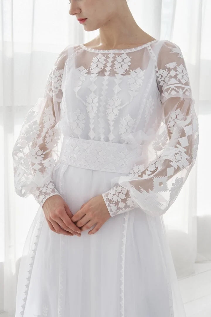 White Maxi Dress Ukrainian with white Embroidery Boho Wedding