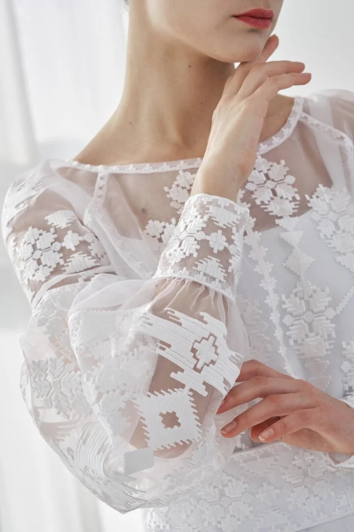 White Maxi Dress Ukrainian with white Embroidery Boho Wedding
