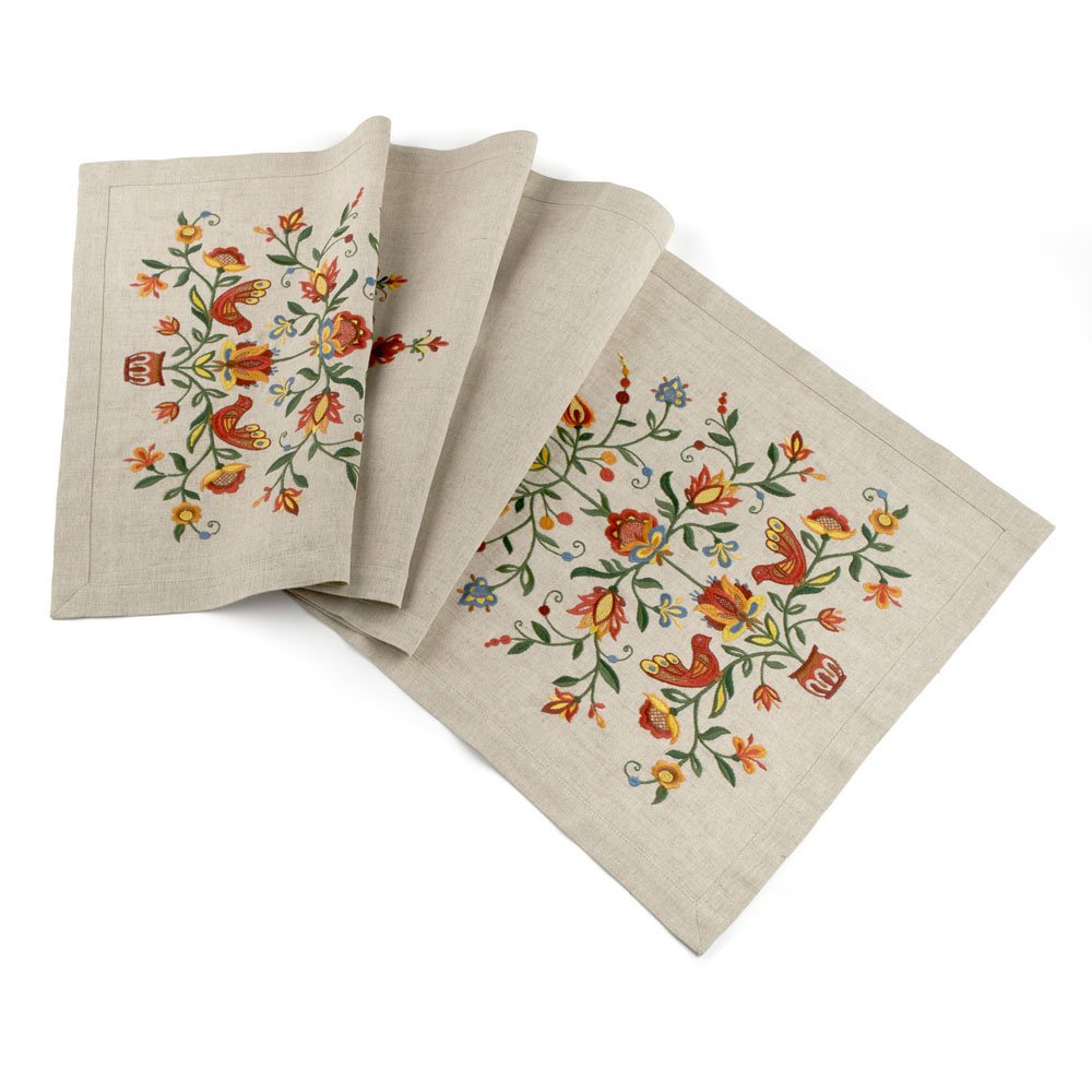 Tree of Life Embroidered Gray Tablecloth 140x40 cm Ukrainian Design