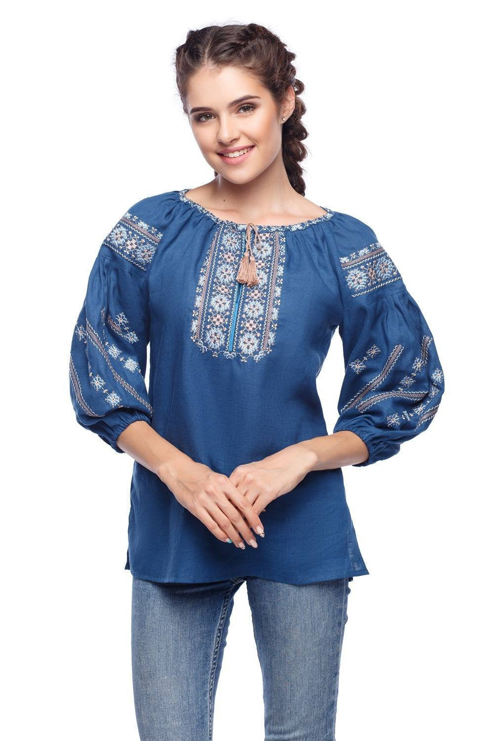 Blue Ukrainian Vyshyvanka Blouse for Women